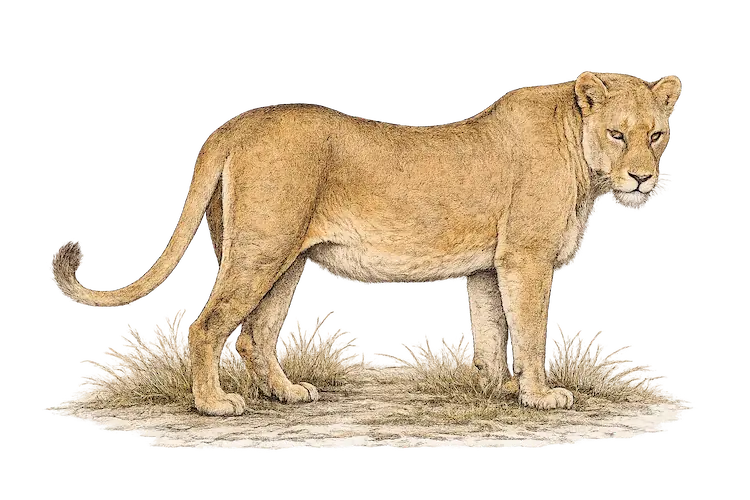 Female lion illustration showing sleek maneless build and uniform sandy colouring, Kruger National Park