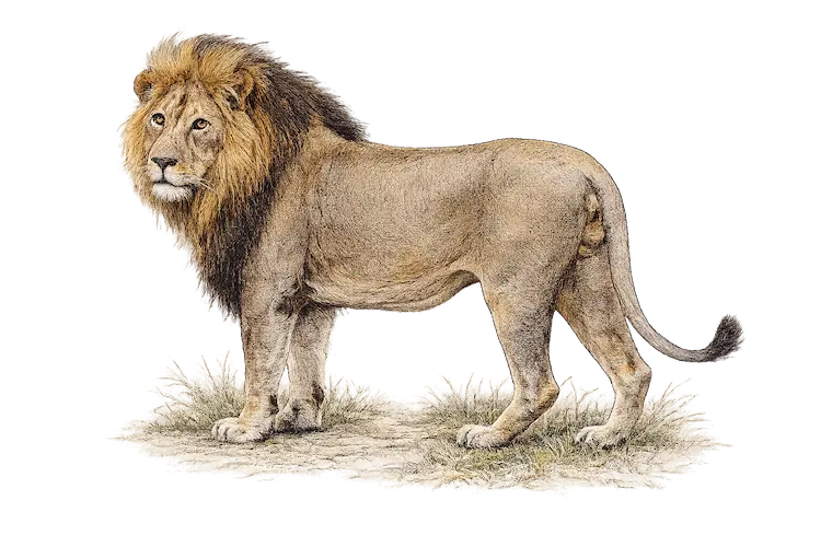 Male lion illustration showing thick dark mane and heavy muscular build, Kruger National Park