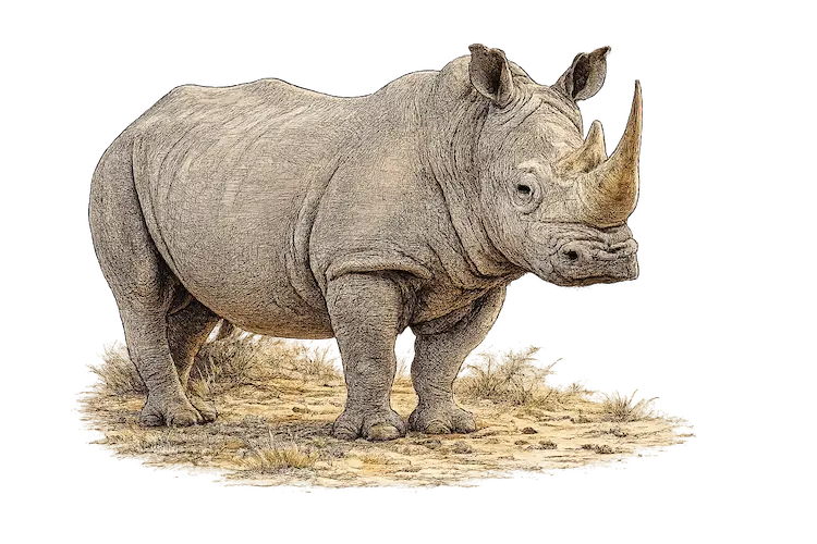 White rhinoceros sketch showing wide mouth and heavy grazing posture showing difference between white and black rhinos